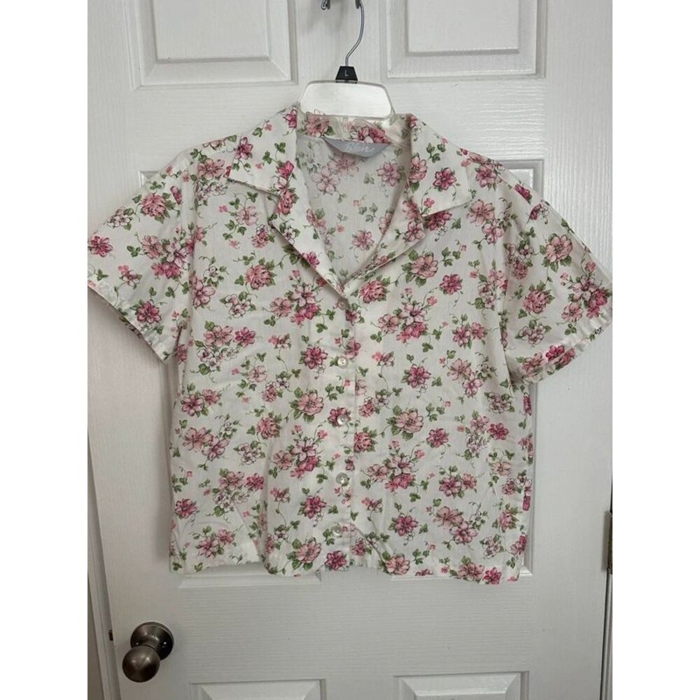 Vintage Floral Cotton Button Up Short Sleeve Top
